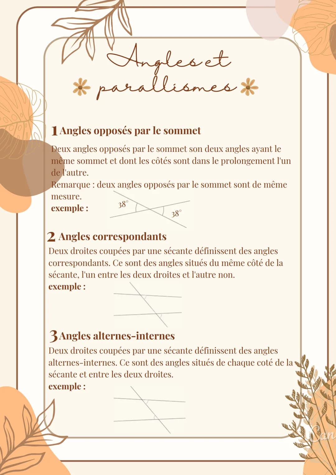 Angleset
* parallismes *
1 Angles opposés par le sommet
Deux angles opposés par le sommet son deux angles ayant le
même sommet et dont les c