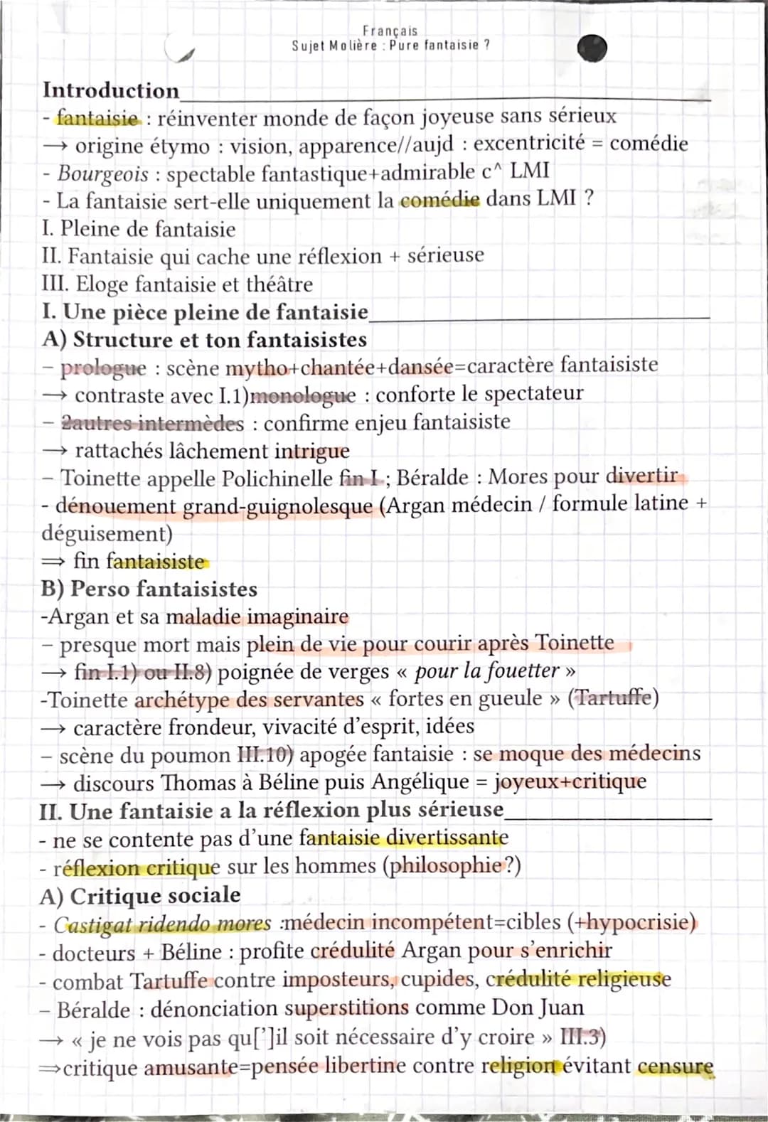 Français
Sujet Molière Pure fantaisie ?
Introduction
- fantaisie: réinventer monde de façon joyeuse sans sérieux
origine étymo : vision, app