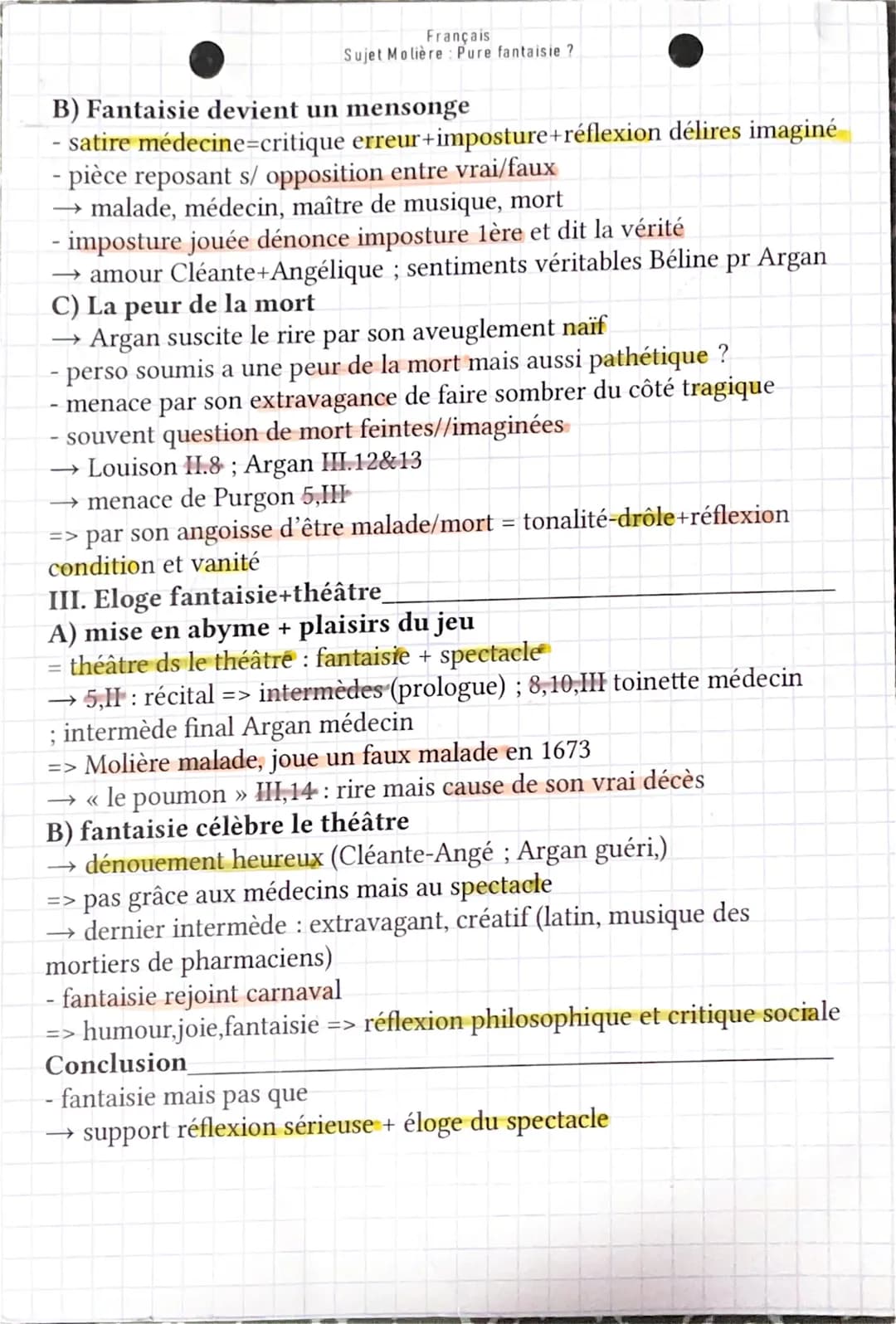 Français
Sujet Molière Pure fantaisie ?
Introduction
- fantaisie: réinventer monde de façon joyeuse sans sérieux
origine étymo : vision, app