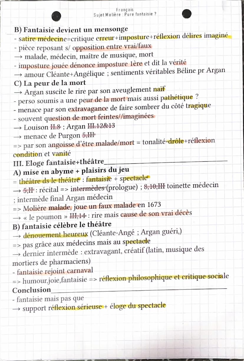 Français
Sujet Molière Pure fantaisie ?
Introduction
- fantaisie: réinventer monde de façon joyeuse sans sérieux
origine étymo : vision, app