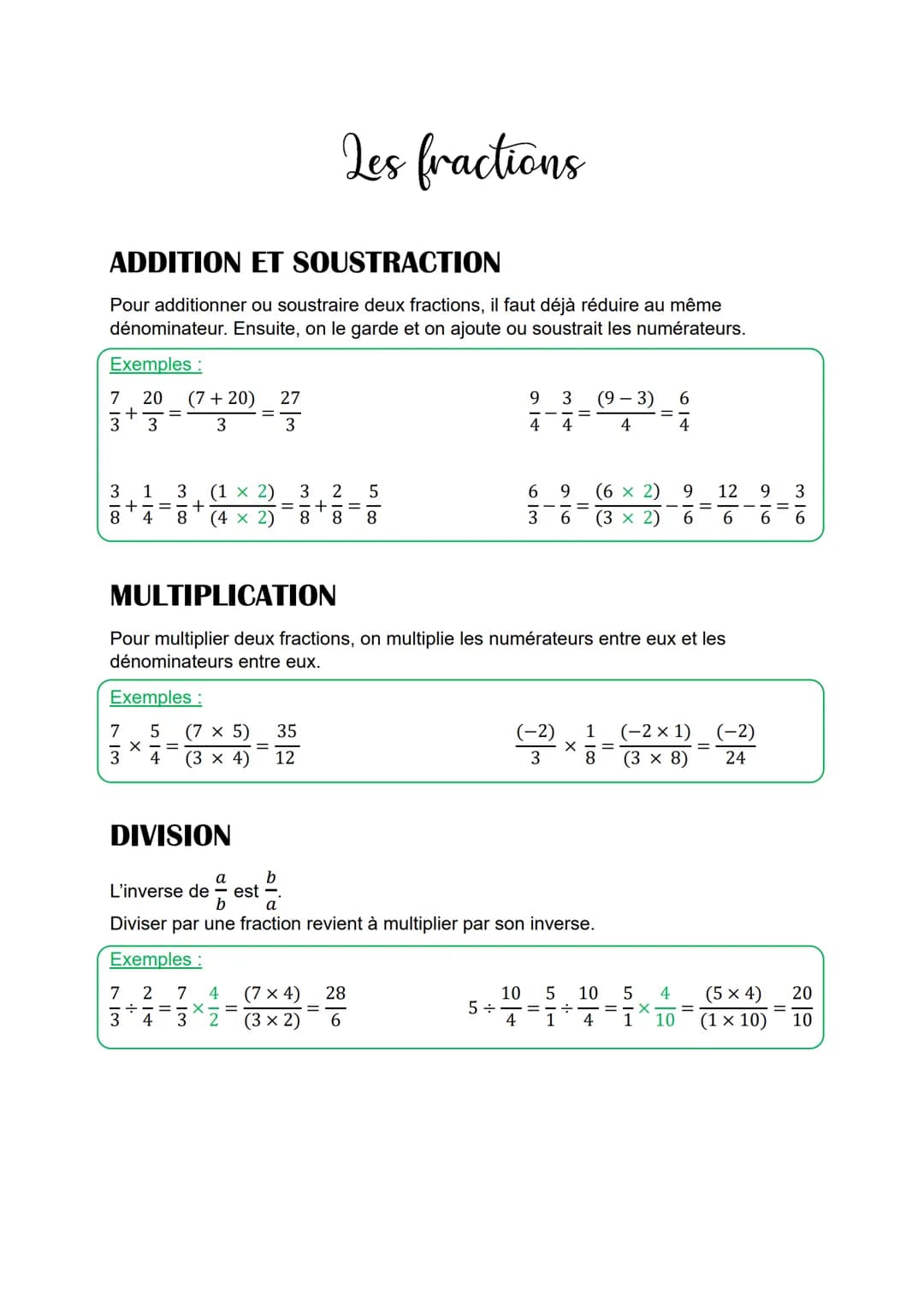 Les fractions
ADDITION ET SOUSTRACTION
Pour additionner ou soustraire deux fractions, il faut déjà réduire au même
dénominateur. Ensuite, on