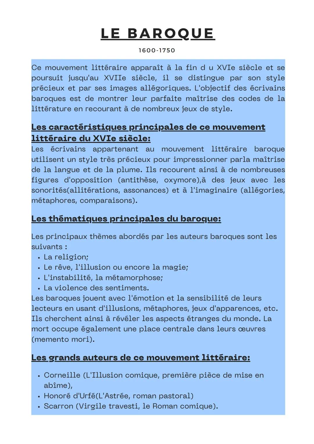 LE BAROQUE
1600-1750
Ce mouvement littéraire apparaît à la fin du XVIe siècle et se
poursuit jusqu'au XVIIe siècle, il se distingue par son 