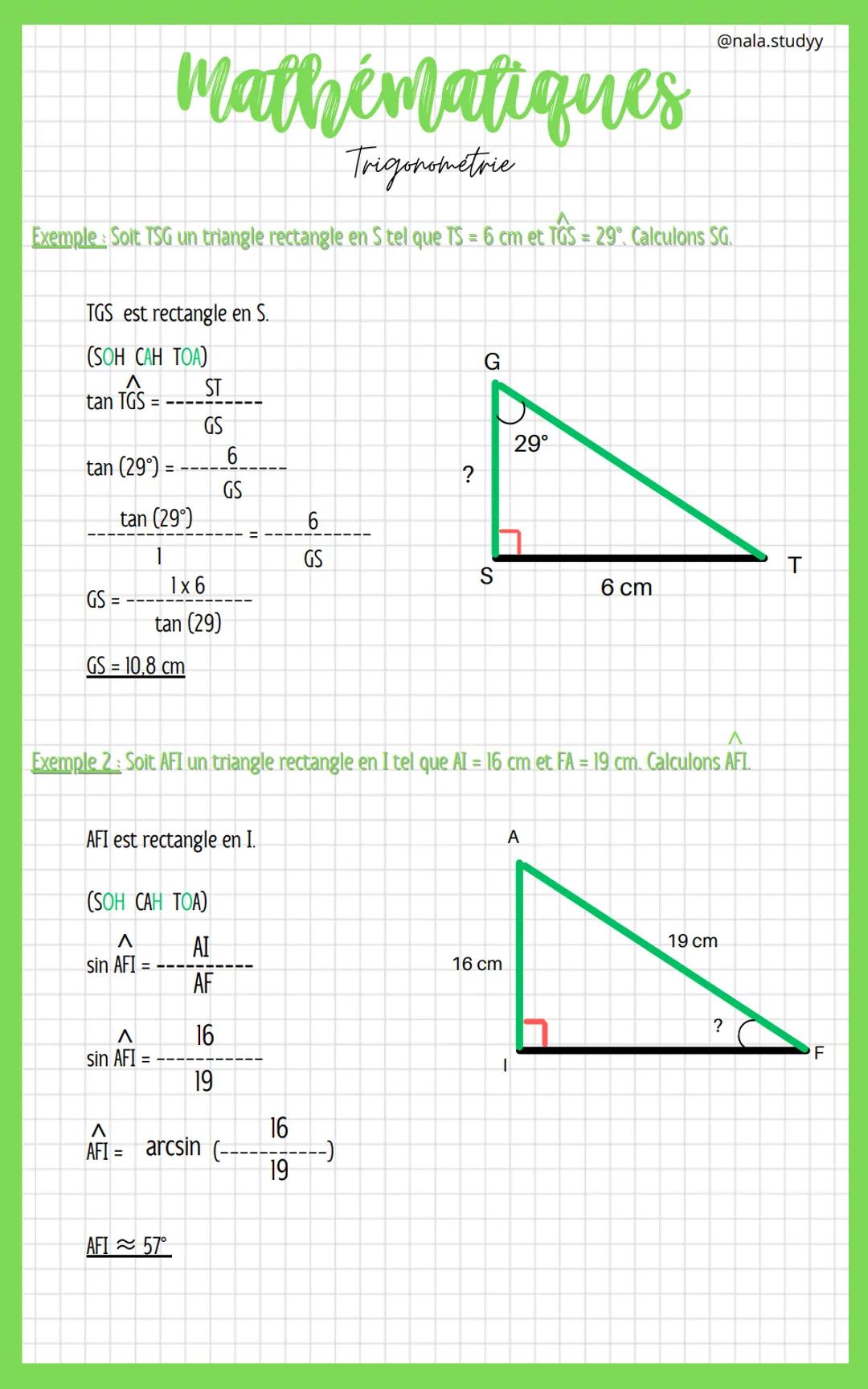 Mathématiques
Trigonometrie
Les fonctions trigonométriques sont utilisées pour calculer une longueur ou la
mesure d'un angle dans un triangl