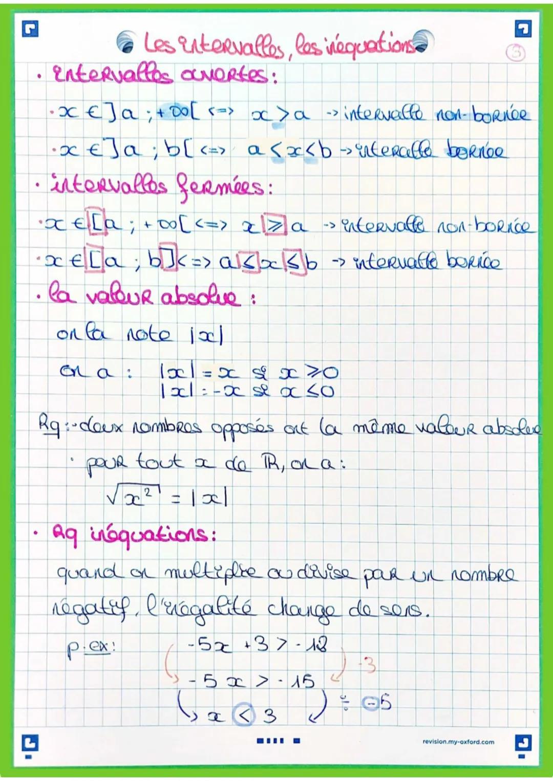 r
# Les intervalles, les inéquations

• Entervallos Ouvertes:

•x €]a; +00[ <=> x >a intervalle non-bornée

•x €]a; b[ <=> a<x<b> interalle 