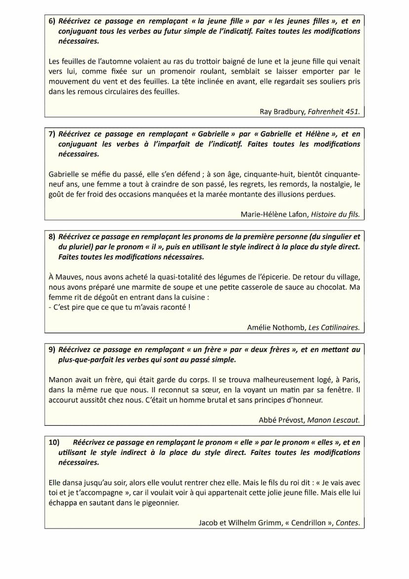 * Objectif brevet Réécriture: mélange de consignes
Exercices et corrigés
Exercices
1) Réécrivez ce passage en remplaçant « la dame » par « l