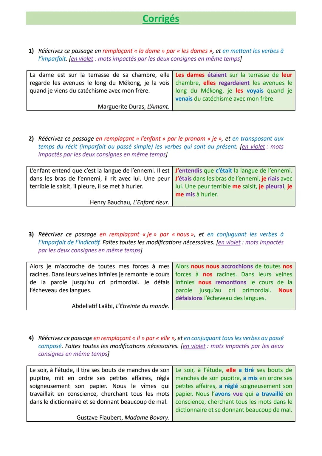* Objectif brevet Réécriture: mélange de consignes
Exercices et corrigés
Exercices
1) Réécrivez ce passage en remplaçant « la dame » par « l