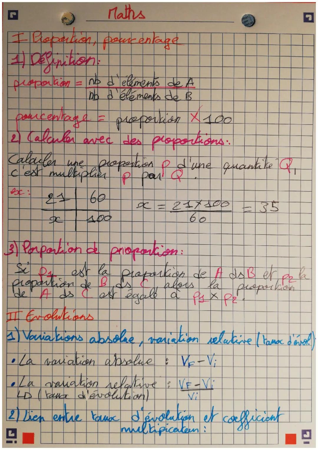 G
# Maths
I Repartión, pourcentage

1) Définition:

propation = $\frac{\text{no d' elements de A}}{\text{bb d'éléments de B}}$

concentage =