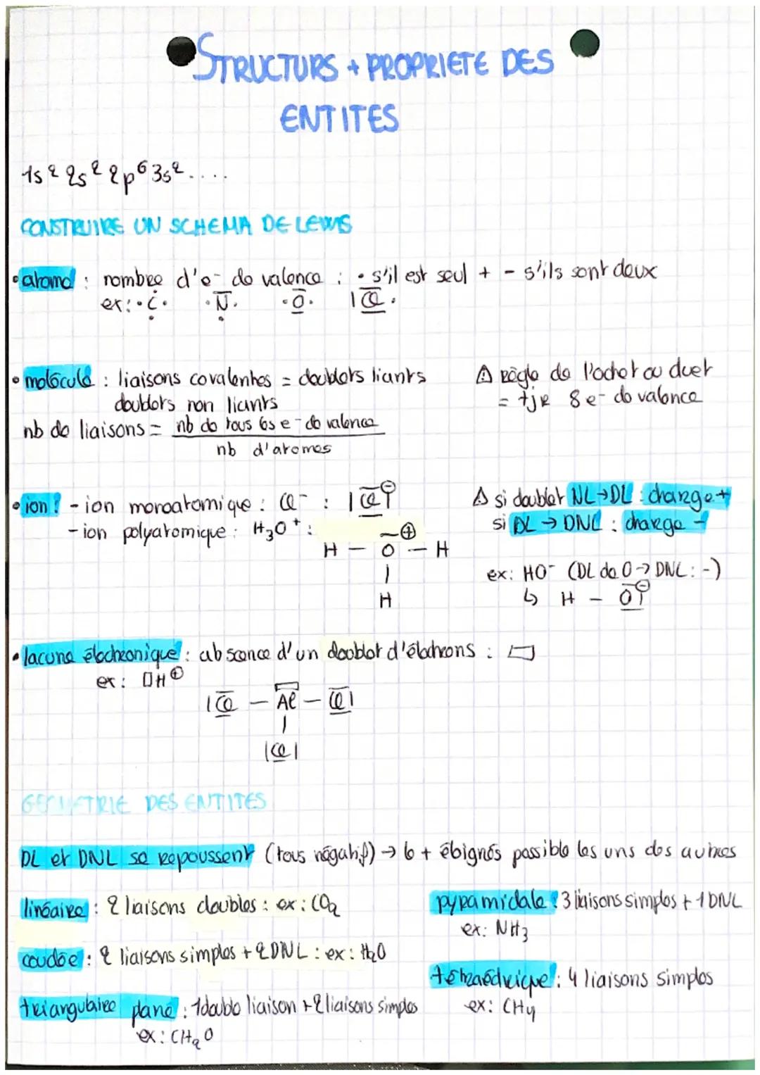 # STRUCTURS+ PROPRIETE DES
ENTITES

$1s^2 2s^2 2p^6 3s^2....$

## CONSTRUIRE UN SCHEMA DE LEWS

- atoma nombre d'e de valence s'il est seul 