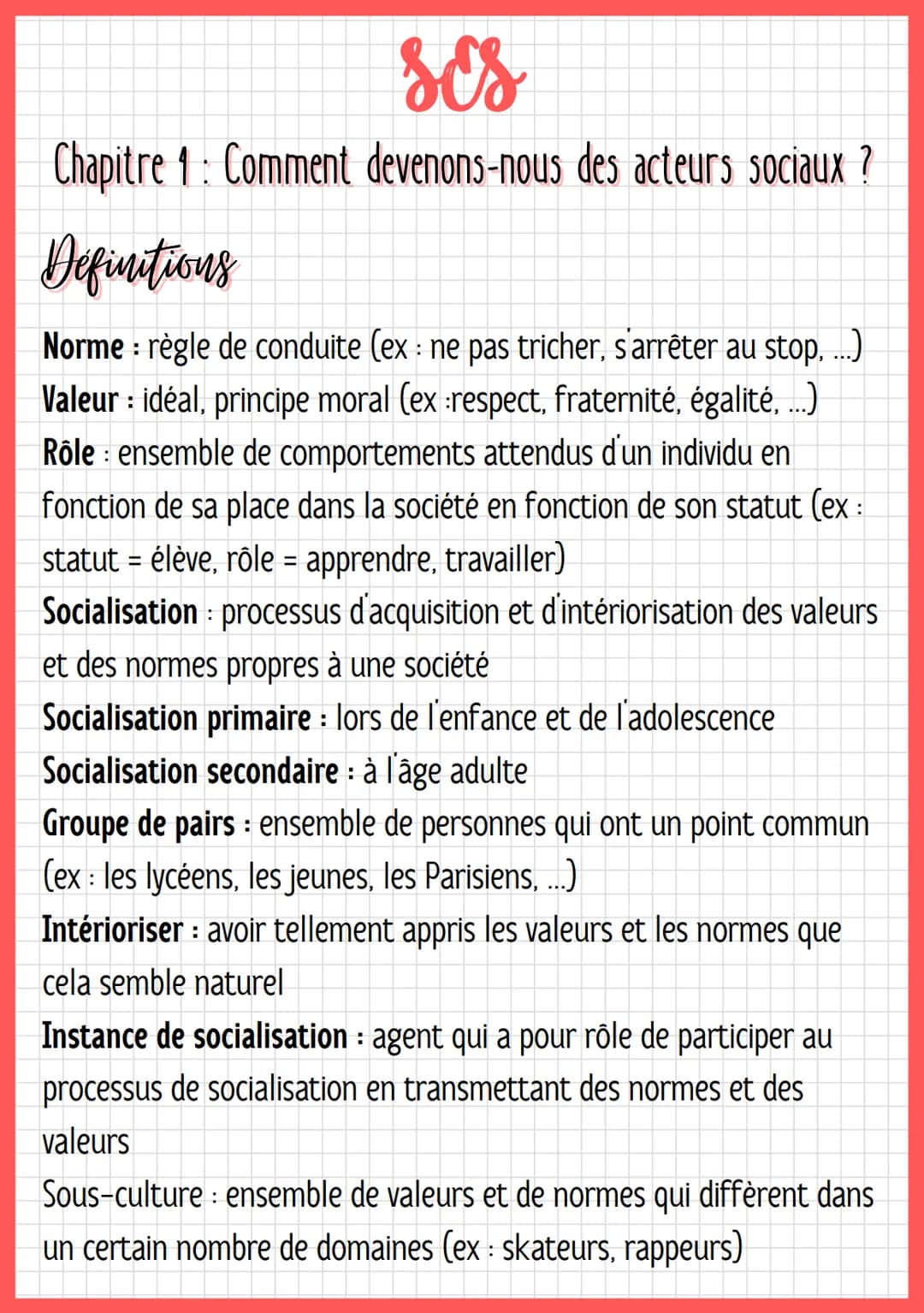 ses
Chapitre 1: Comment devenons-nous des acteurs sociaux ?
Definitions
Norme: règle de conduite (ex : ne pas tricher, s'arrêter au stop. ..