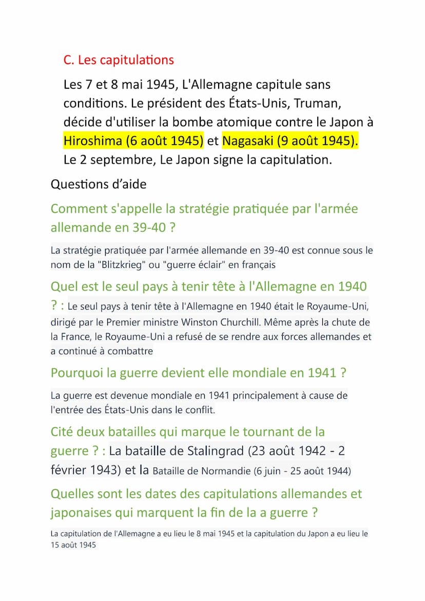 Histoire-Géographie
Fiche de Révision
1. Les victoires éclairs de l'Allemagne :
A. L'élimination de la Pologne et la drôle de guerre
• Le 1e