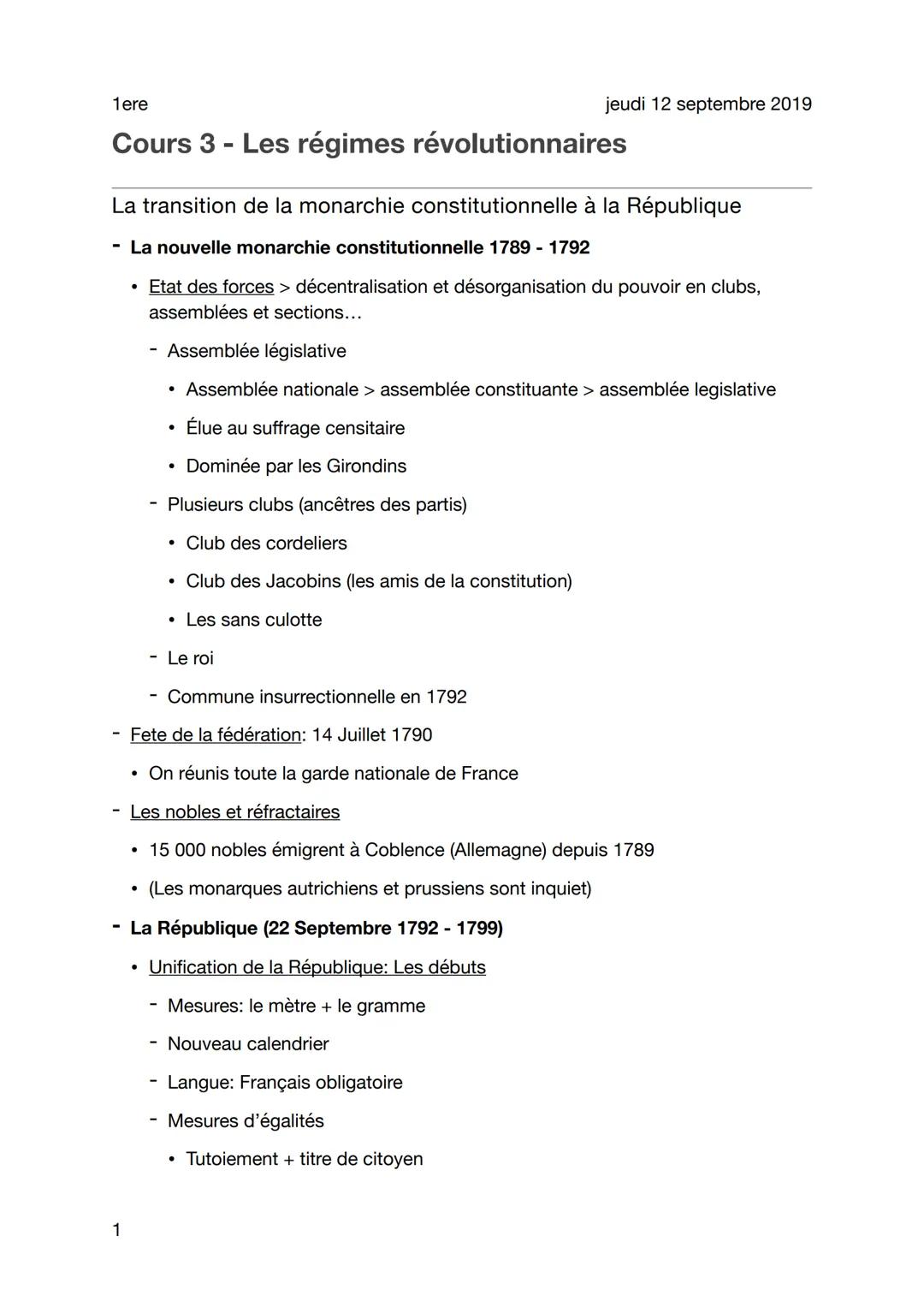1ere
Cours 3 - Les régimes révolutionnaires
La transition de la monarchie constitutionnelle à la République
- La nouvelle monarchie constitu