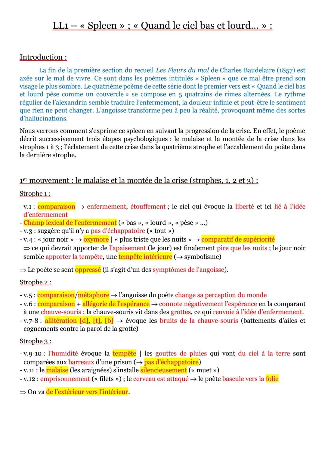 LL1 << Spleen » ; « Quand le ciel bas et lourd... » :
Introduction :
La fin de la première section du recueil Les Fleurs du mal de Charles B