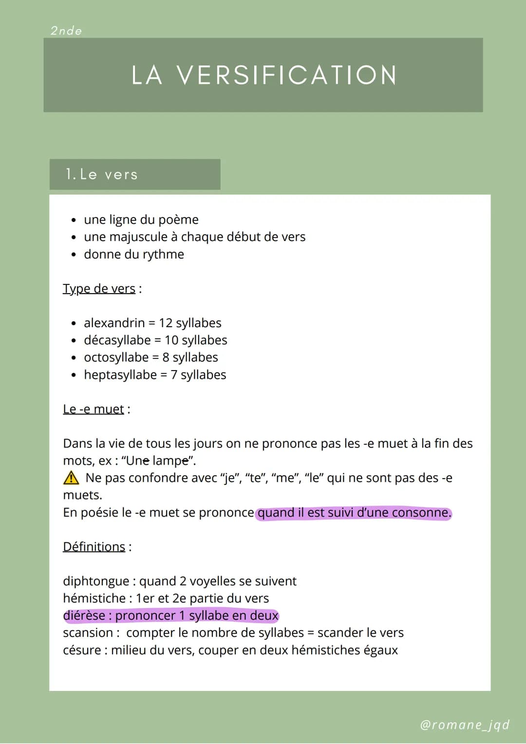 2nde
1. Le vers
LA VERSIFICATION
• une ligne du poème
• une majuscule à chaque début de vers
• donne du rythme
Type de vers:
• alexandrin = 