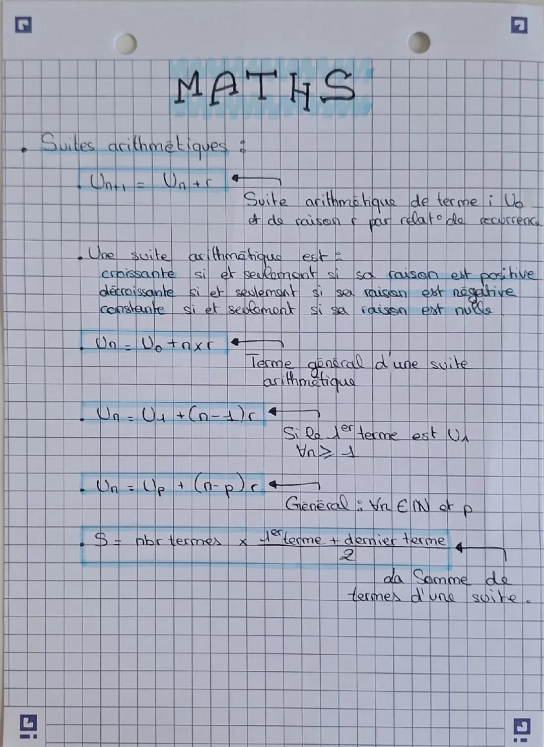 # MATHS

- Suites arithmetiques :

$Un+1 = Un+r$

Suite arithmétique de terme i $U_0$
et de raison $r$ par relat° de recurrence

- Une suite