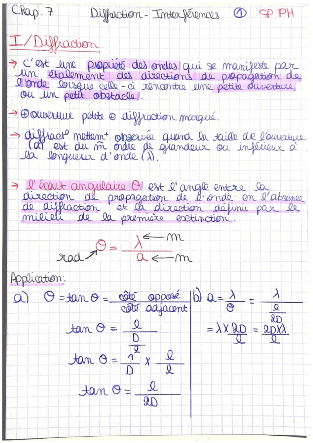 Chap. 7
I/Diffraction
→ C'est une propriété des ondes que se manifeste par
un étalement des directions de propagation de
I'onde lorsque cell