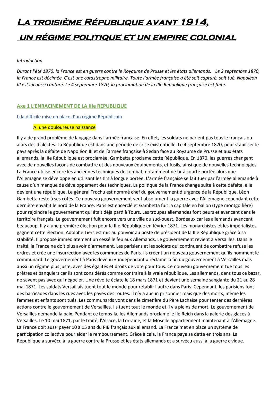 LA TROISIÈME RÉPUBLIQUE AVANT 1914,
UN RÉGIME POLITIQUE ET UN EMPIRE COLONIAL
Introduction
Durant l'été 1870, la France est en guerre contre