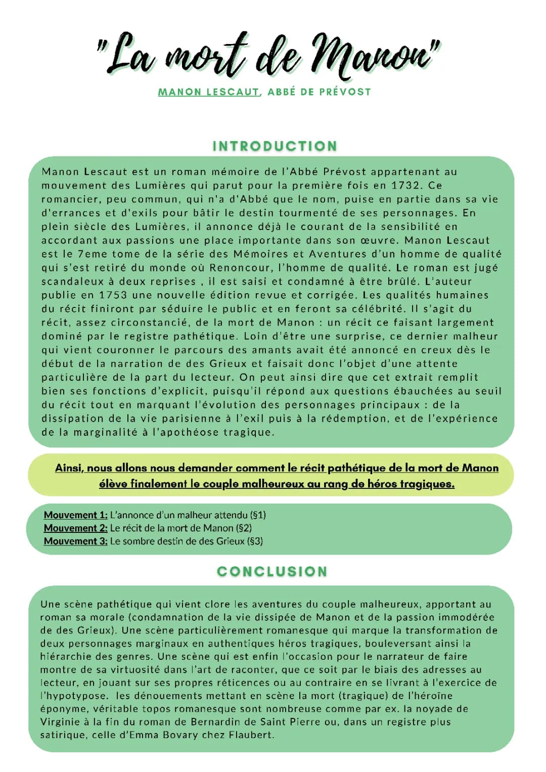 Analyse Linéaire Mort de Manon Lescaut PDF et Texte Résumé