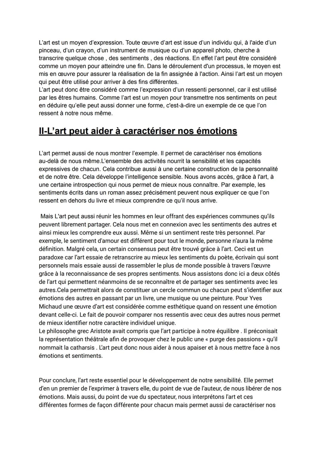 En quoi l'art est-il nécessaire au développement de
notre sensibilité ?
L'art est un moyen privilégié d'expression des sentiments. À travers