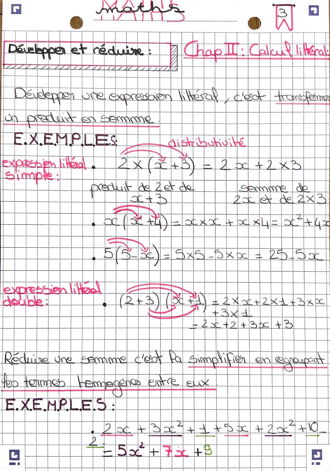 L
maths
Développer et réduire :
Développer une expression littéral, c'est transfermar
un preduit on semme
EXEMPLES
distributivité
expression