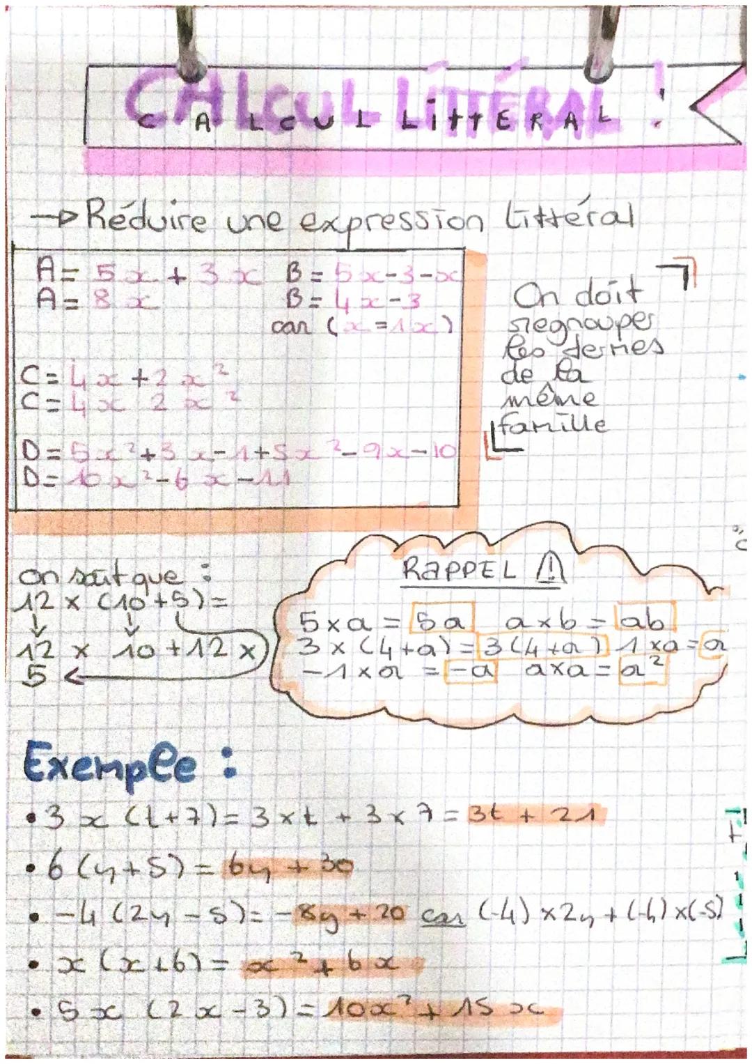 # CALCUL LITTERAL:

→→→Réduire une expression Littéral

A=5a+3bc B = 5x-3-00
A=8
B=4x-3
car (1)

C=4x+22
12
On doit
sregnouper
les dernes
de