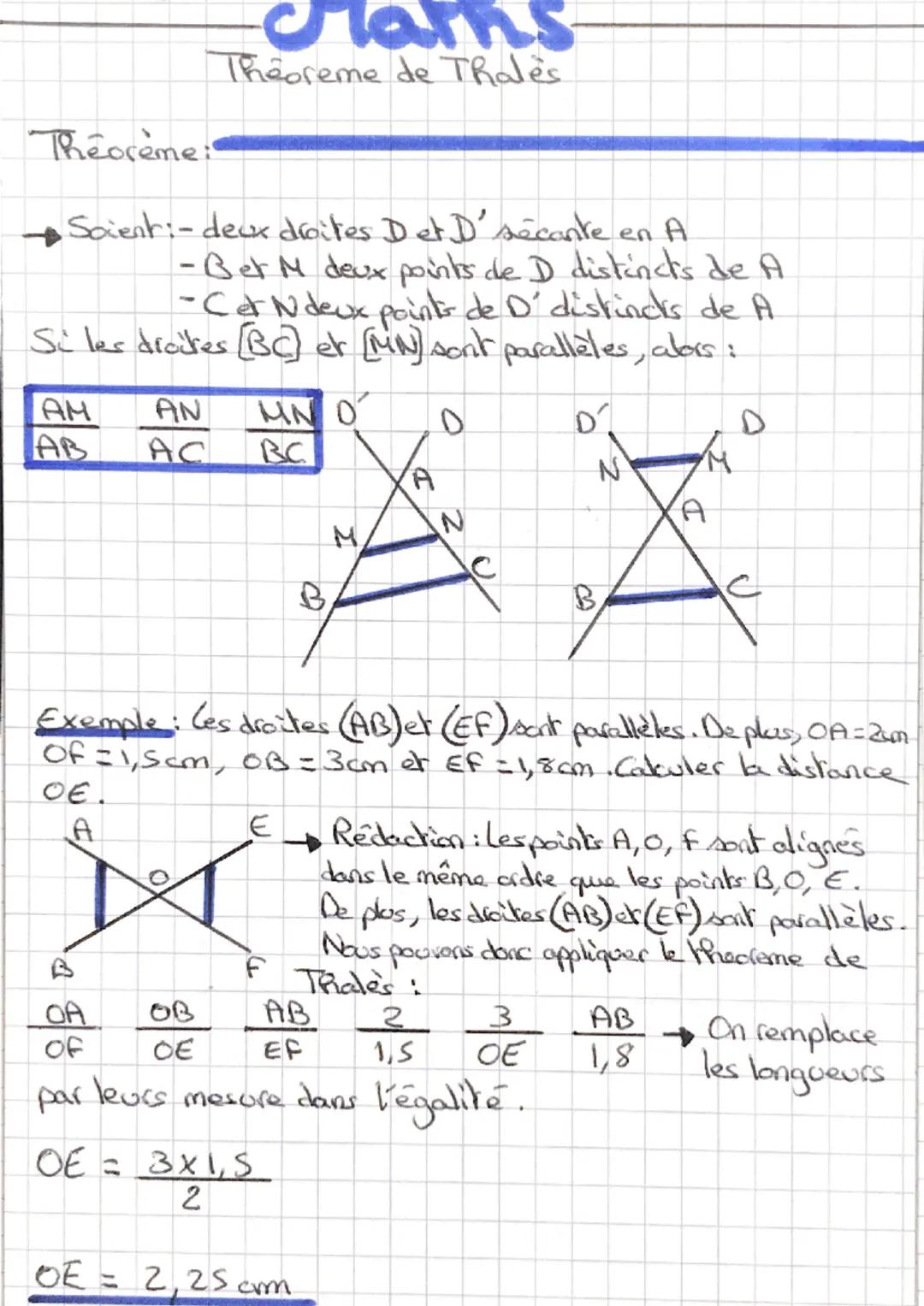 Theoreme:
Soient-deux droites D et D' sécante en A
-Bet M deux points de D distincts de A
-Cet N deux points de D' distincts de A.
Si les di