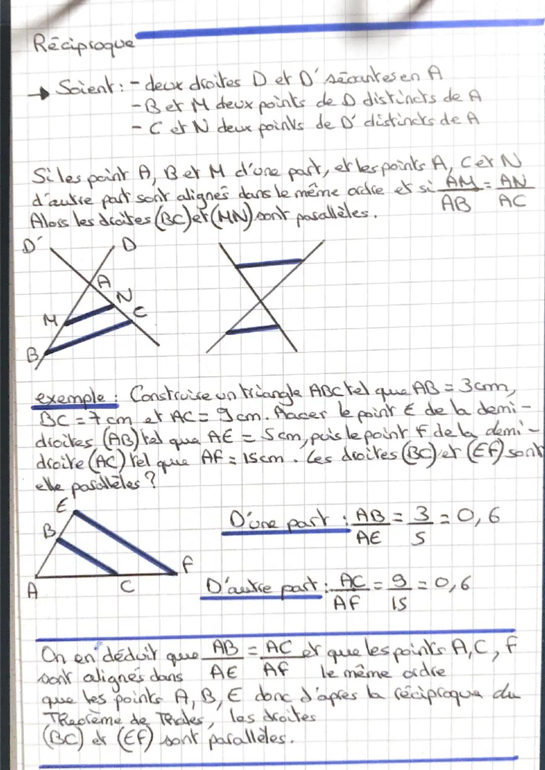 Theoreme:
Soient-deux droites D et D' sécante en A
-Bet M deux points de D distincts de A
-Cet N deux points de D' distincts de A.
Si les di