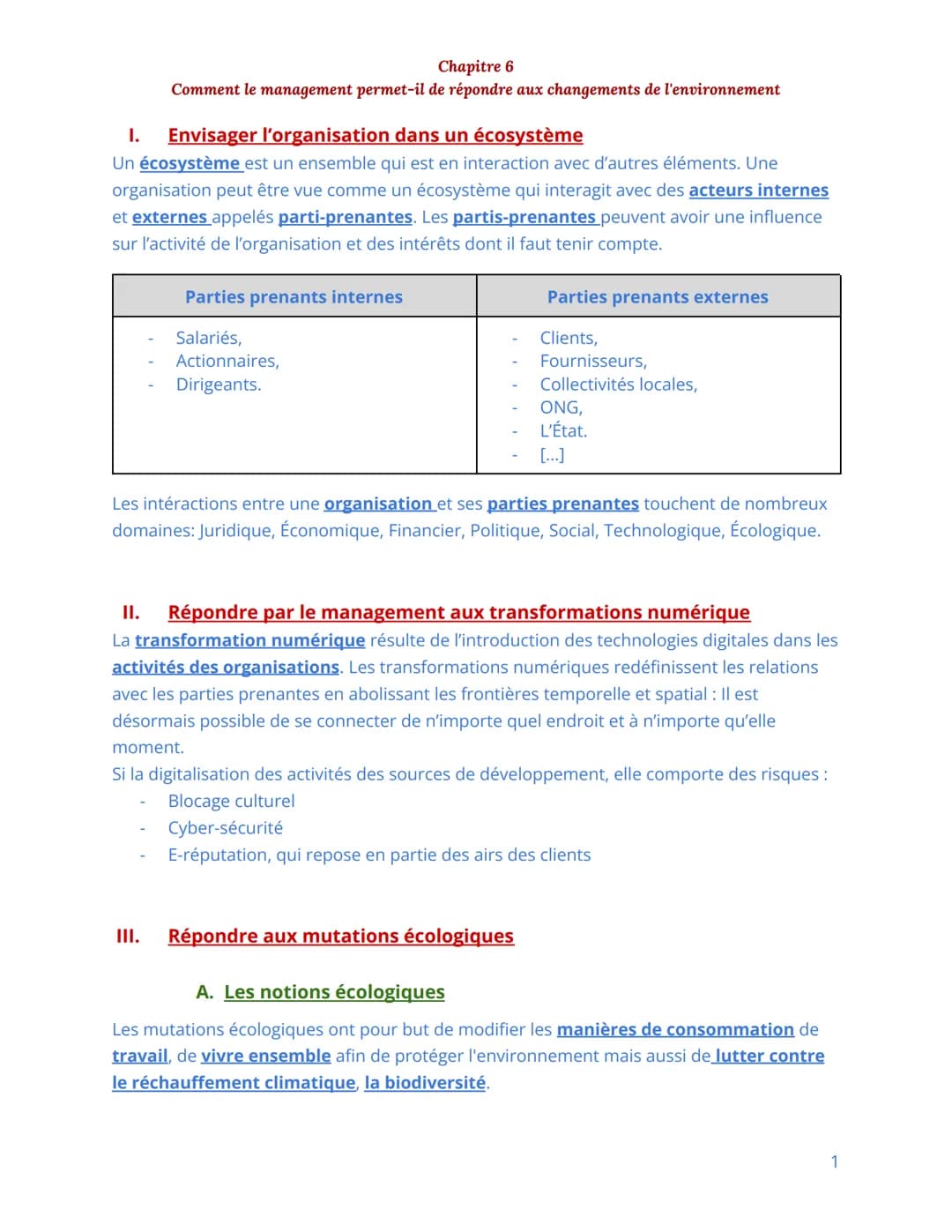 Chapitre 6
Comment le management permet-il de répondre aux changements de l'environnement
I. Envisager l'organisation dans un écosystème
Un 