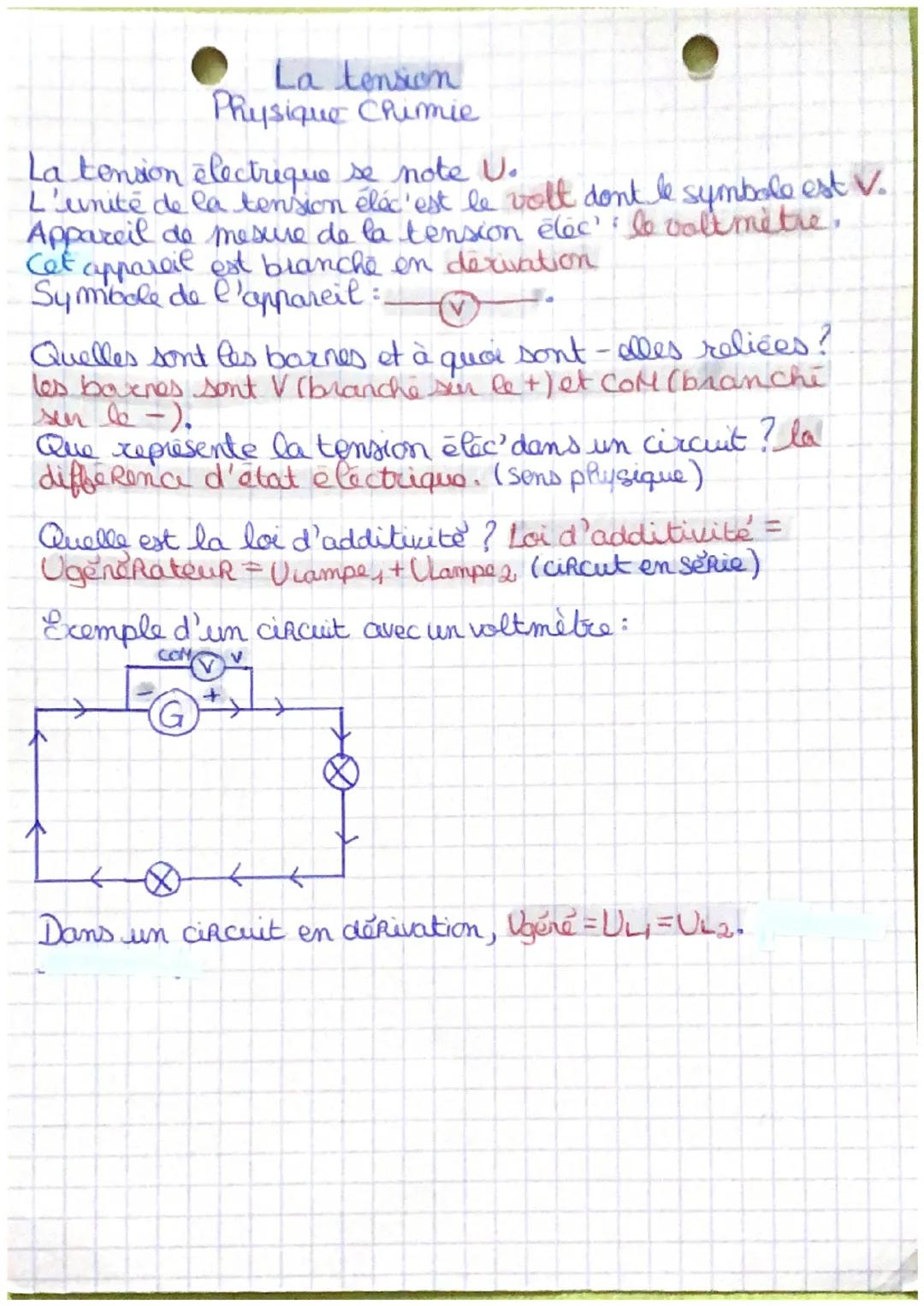 La tension
Physique Chimie
La tension électrique se note U.
L'unité de la tension éléc'est le volt don't le symbole est V.
Appareil de mesur