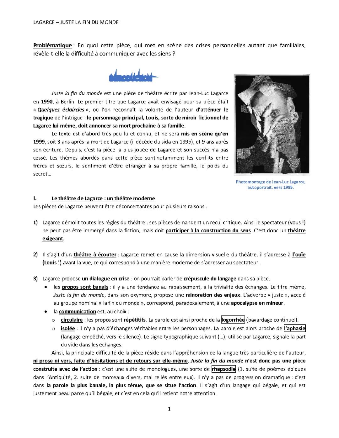 Juste la fin du monde PDF et Dissertation - Résumé et Analyse Jean-Luc Lagarce