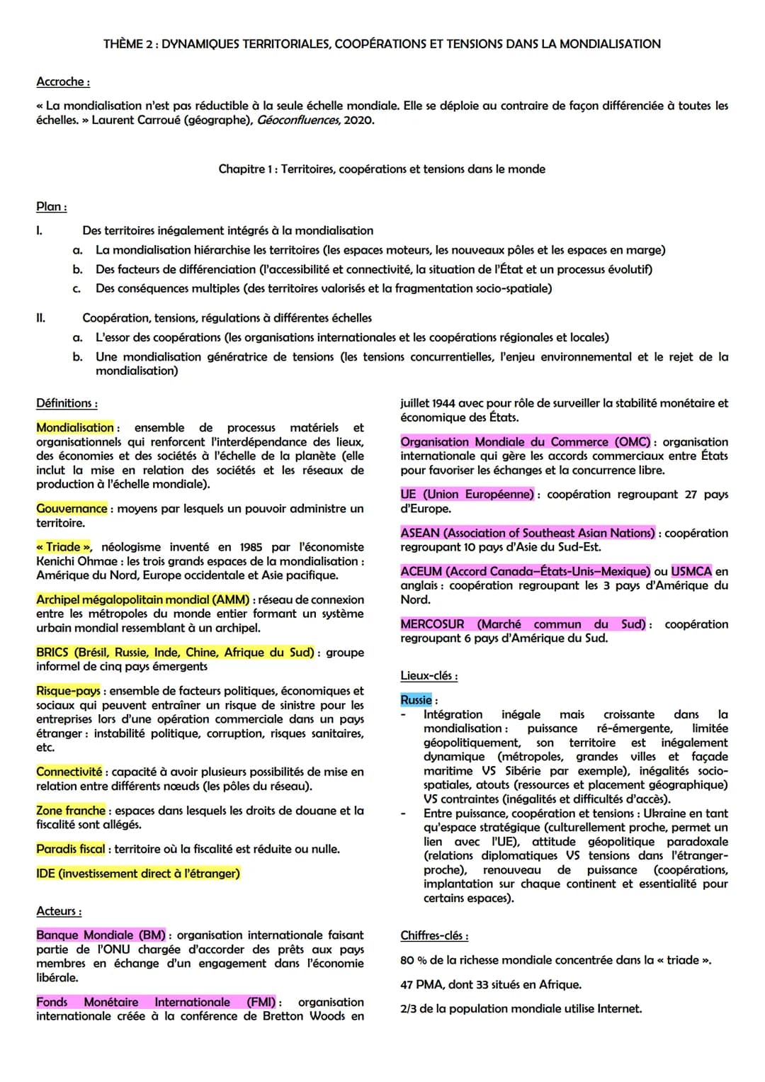 THÈME 2: DYNAMIQUES TERRITORIALES, COOPÉRATIONS ET TENSIONS DANS LA MONDIALISATION
Accroche :
<< La mondialisation n'est pas réductible à la