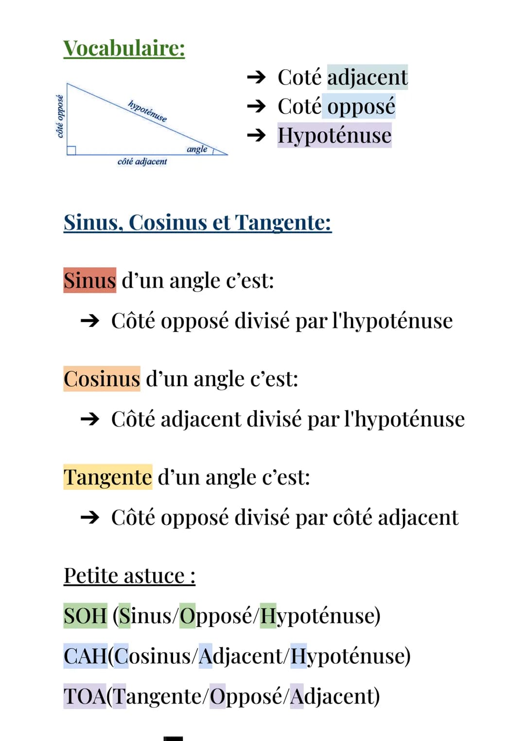 Fiche de révision maths
La trigonométrie du triangle rectangle
Théorème de pythagore:
Dans un triangle rectangle, le carré de l'hypoténuse e