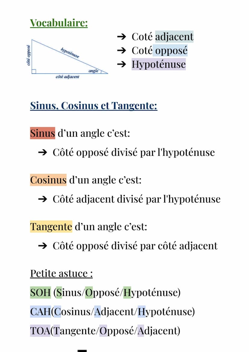 Fiche de révision maths
La trigonométrie du triangle rectangle
Théorème de pythagore:
Dans un triangle rectangle, le carré de l'hypoténuse e