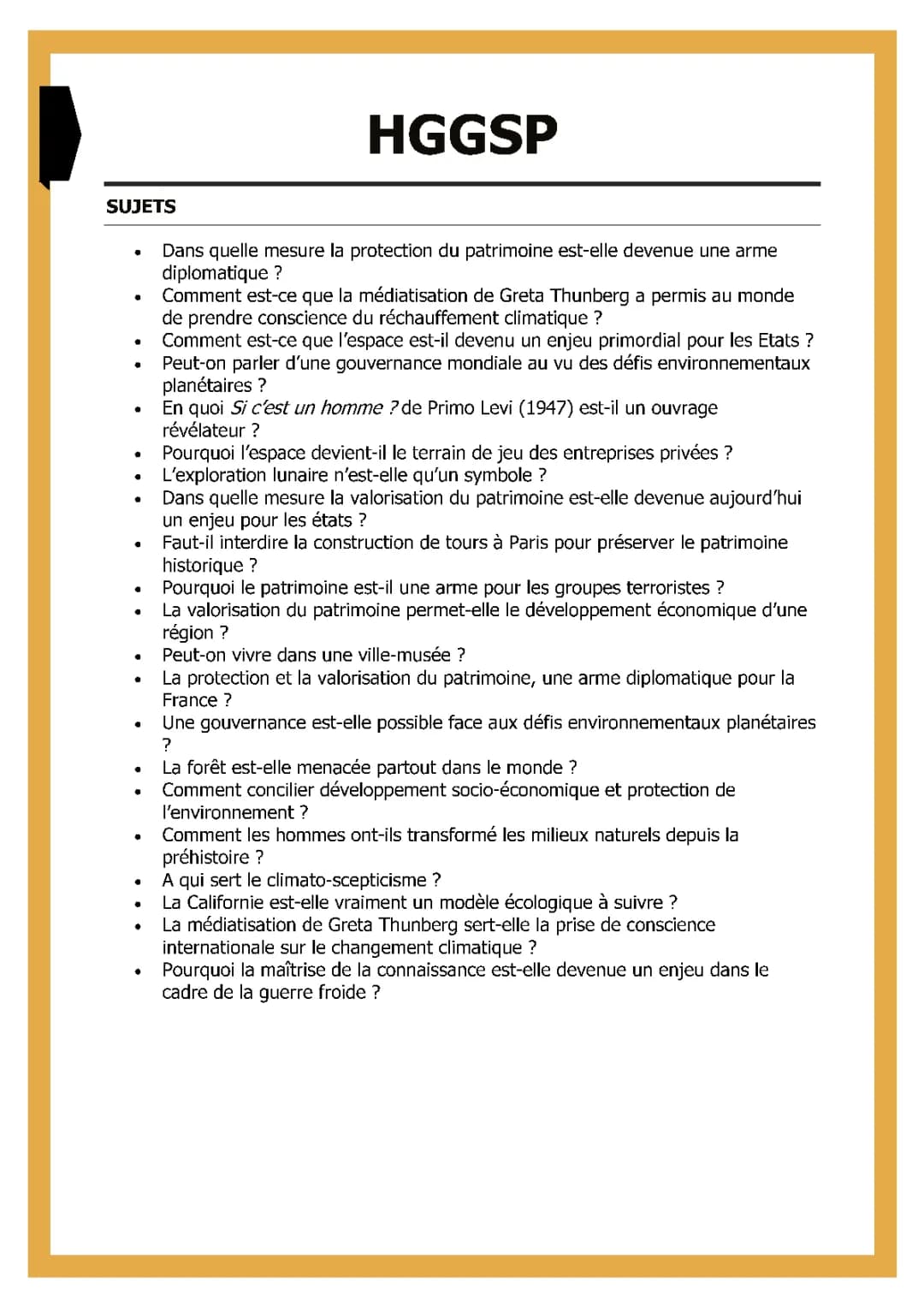 Exemples de Sujets Grand Oral HGGSP: Guerre, Paix et Climat