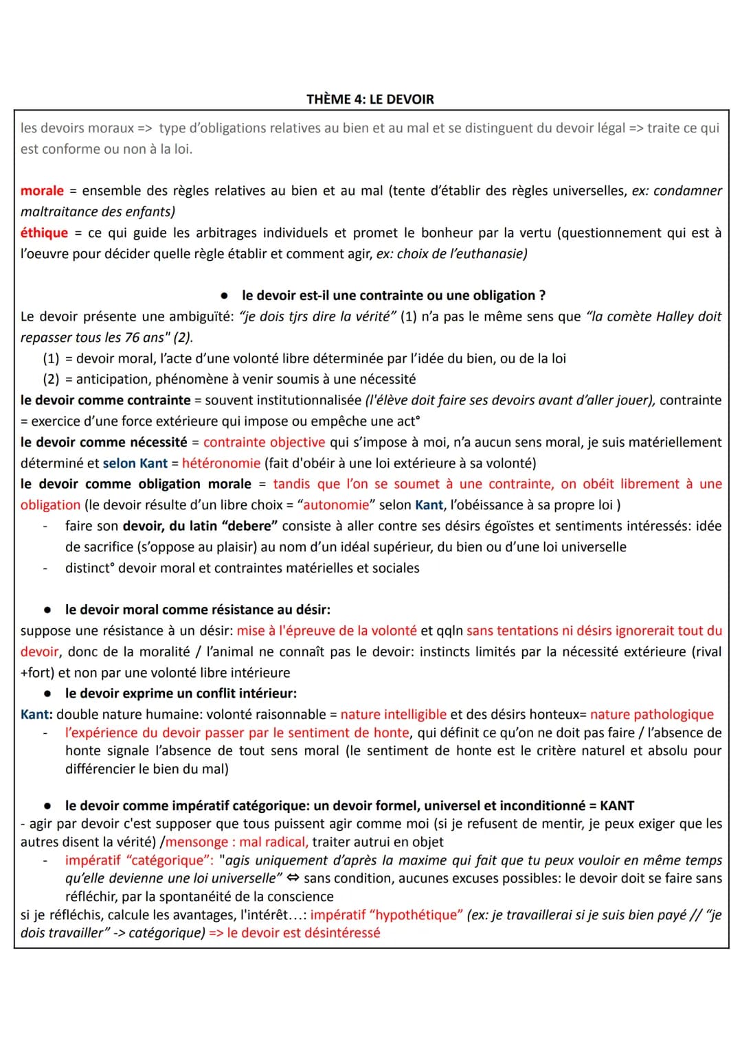 THÈME 4: LE DEVOIR
les devoirs moraux => type d'obligations relatives au bien et au mal et se distinguent du devoir légal => traite ce qui
e