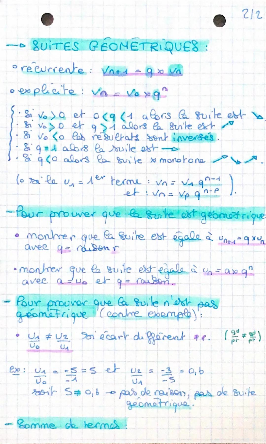 Suites arithmetiques et
Suites géométriques.
SUITES ARITHMETIQUES:
• recurrente: Un+1 =1+5
explicite: un = is + nr.
{. Si r> 0 alors la suit