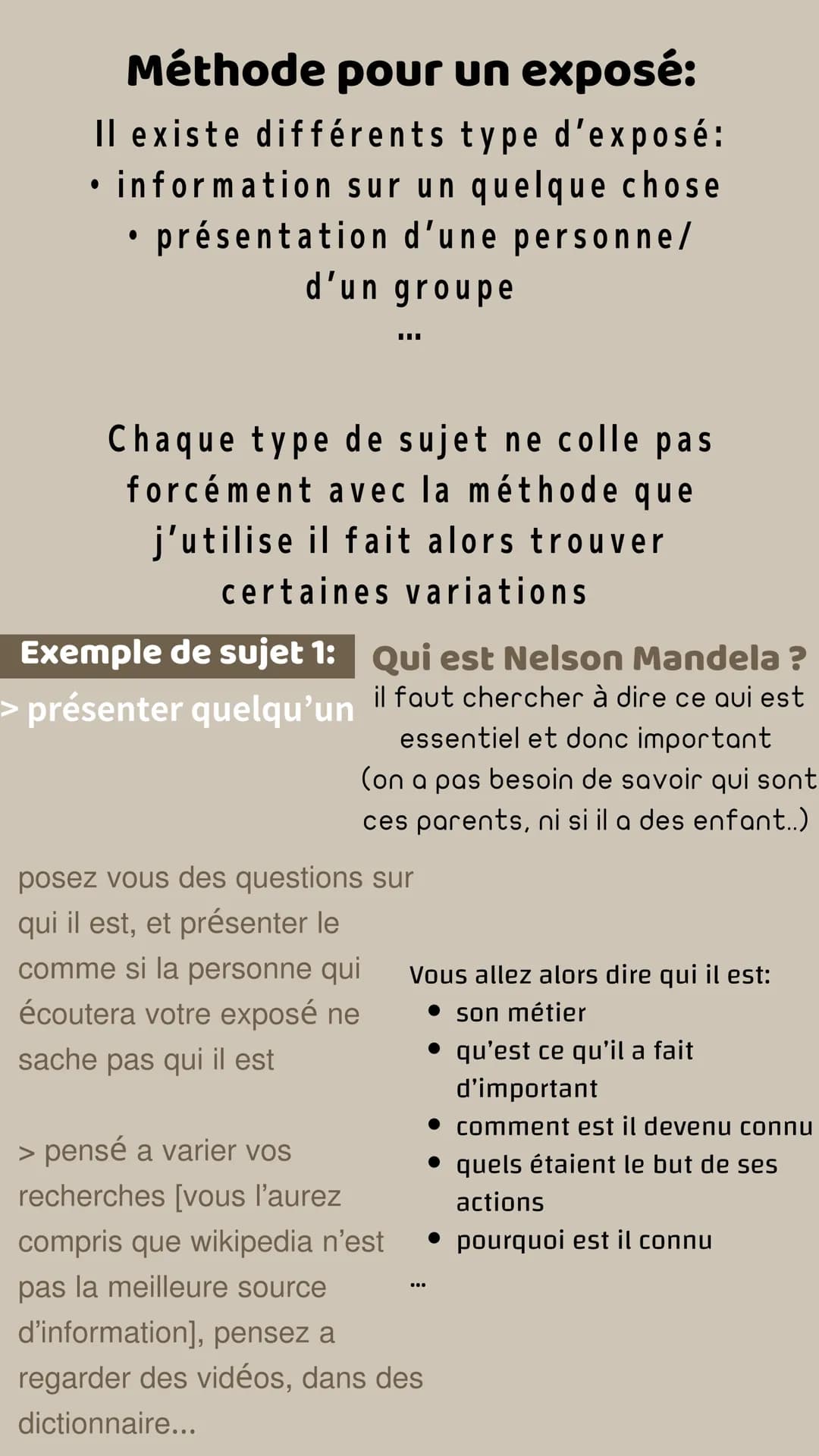 Méthode pour un exposé:
Il existe différents type d'exposé:
●
• information sur un quelque chose
• présentation d'une personne/
d'un groupe
