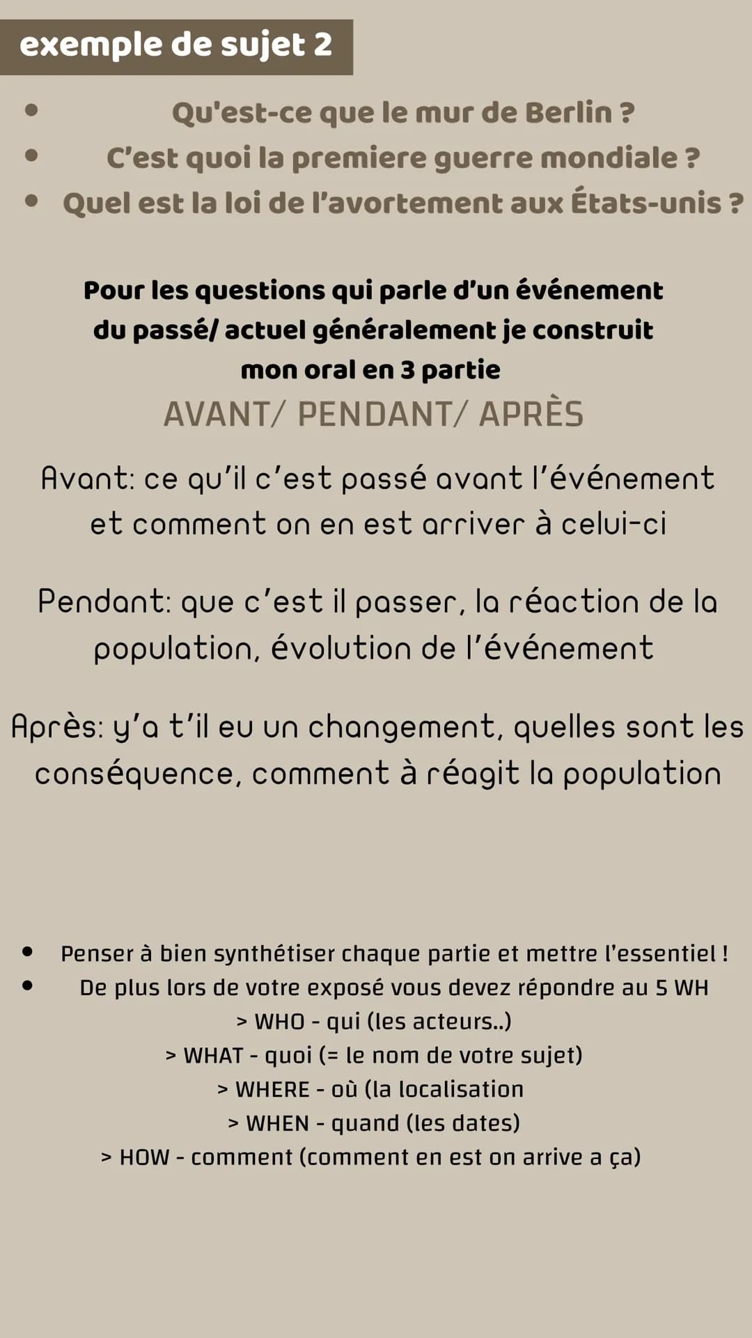 Méthode pour un exposé:
Il existe différents type d'exposé:
●
• information sur un quelque chose
• présentation d'une personne/
d'un groupe
