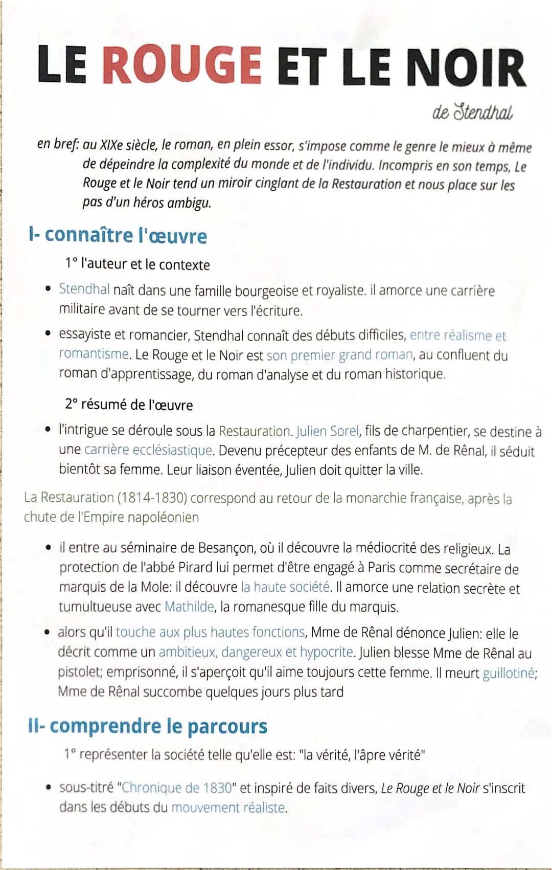 LE ROUGE ET LE NOIR
de Stendhal
en bref: au XIXe siècle, le roman, en plein essor, s'impose comme le genre le mieux à même
de dépeindre la c