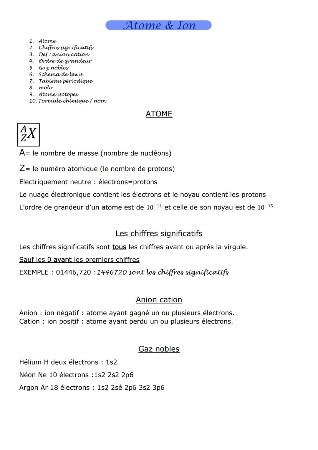 1. Atome
2. Chiffres significatifs
3. Def: anion cation
4. Ordre de grandeur
5. Gaz nobles
6. Schema de lewis
7. Tableau périodique
8. mole
