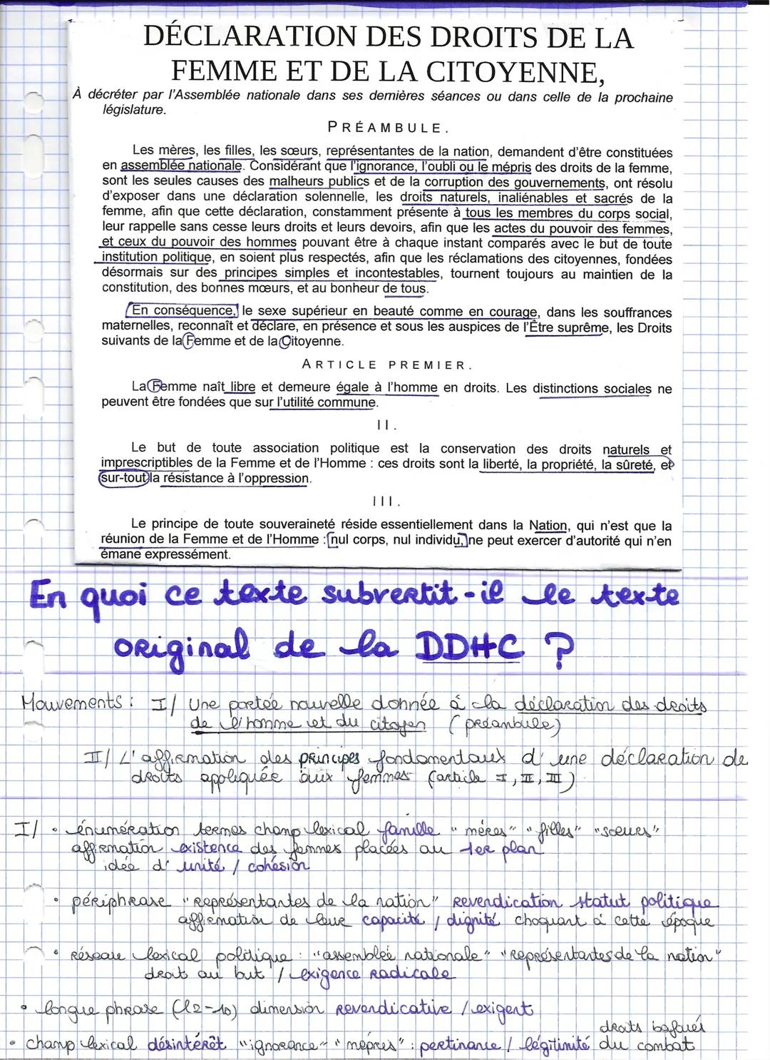 Préambule Olympe de Gouges Analyse Linéaire PDF: Les Droits de la Femme et de la Citoyenne