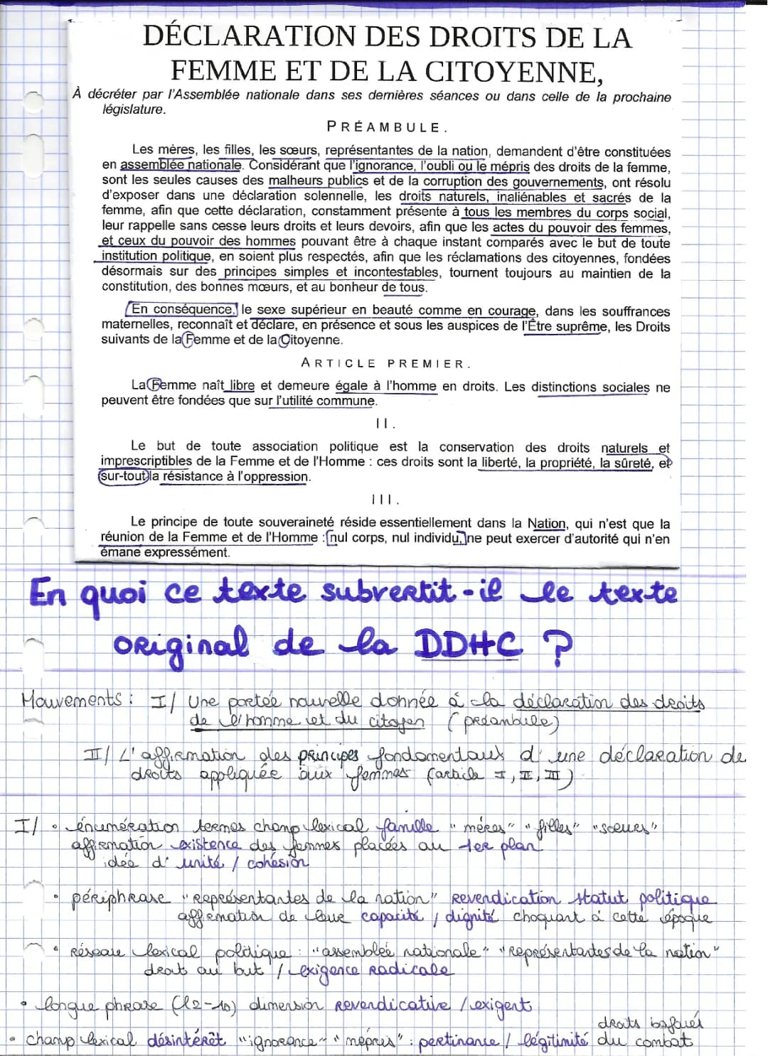 Préambule Olympe de Gouges Analyse Linéaire PDF: Les Droits de la Femme et de la Citoyenne