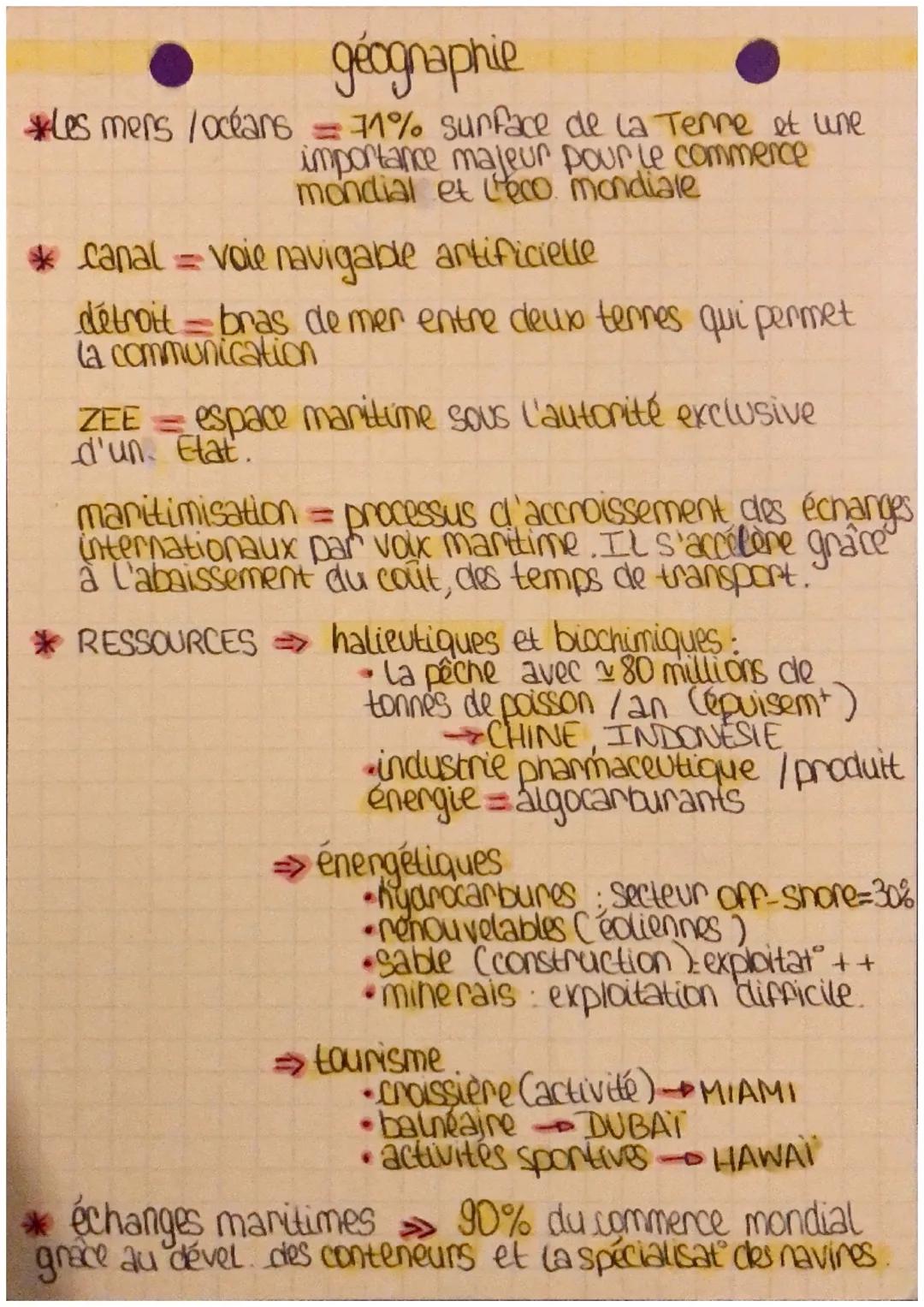 géographie
*Les mens /océans = 71% surface de la Terre et une
importance majeur pour le commence
mondial et leco mondiale
* canal = voie nav