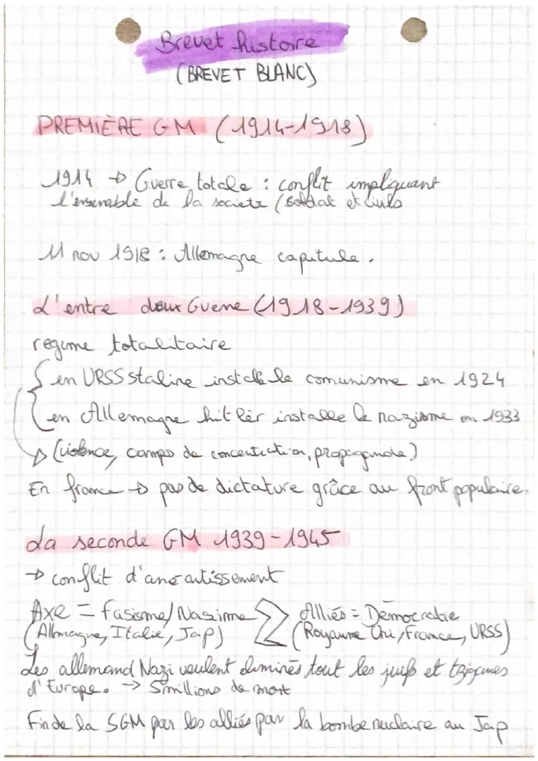 Brevet histoire
(BREVET BLANC)
PREMIÈRE GM (1914-1918)
1914 → Guerre totale: conflit impliquant
l'enserable de la societe (soldat et culs
M 