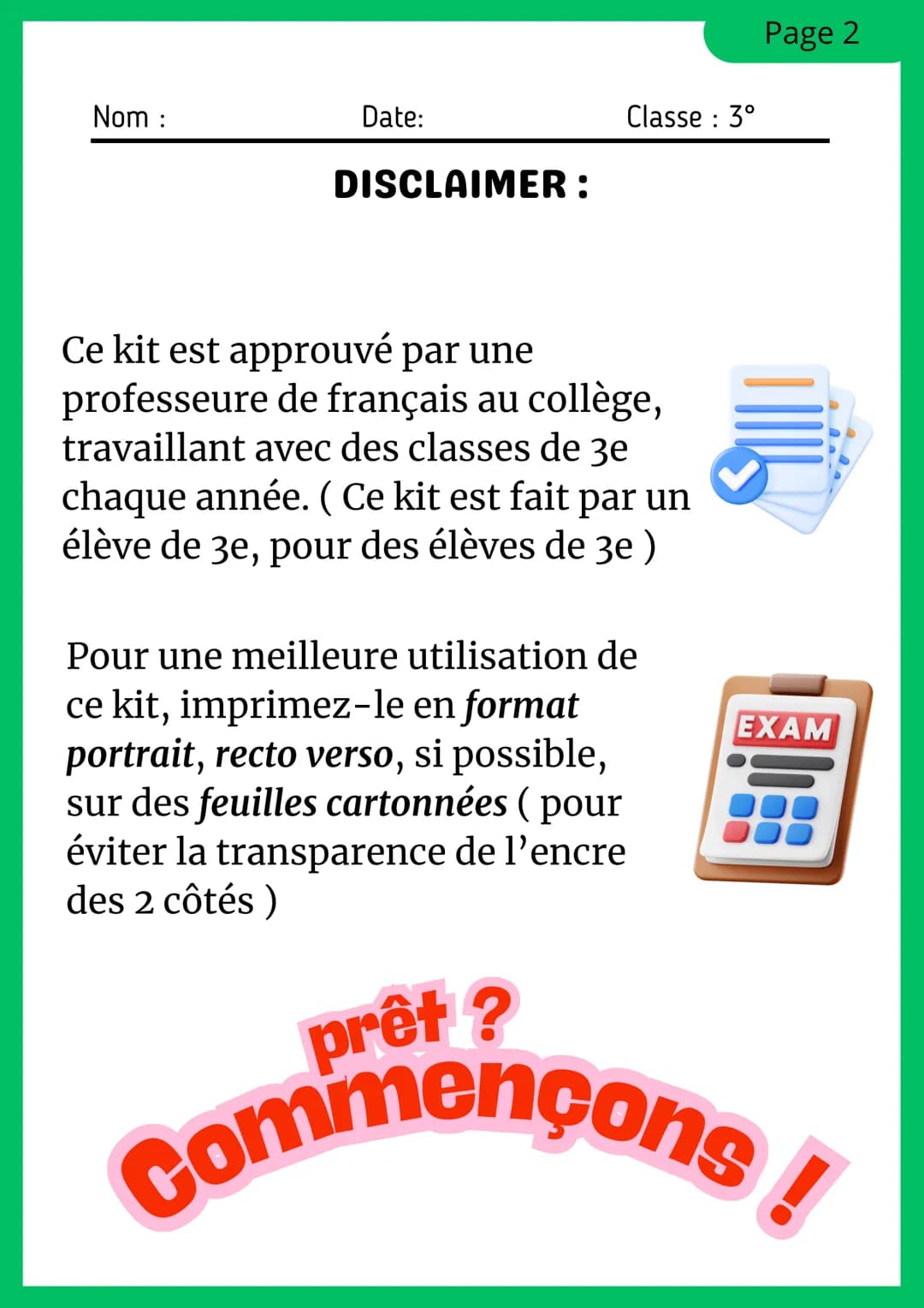 --- OCR Start ---
Nom
Date:
Page 1
Classe: 3°
MÉTHODOLOGIE SUJET DE
RÉFLEXION (DNB)
KIT DE PRÉPARATION AU SUJET DE RÉFLEXION
POUR LE DNB (BR