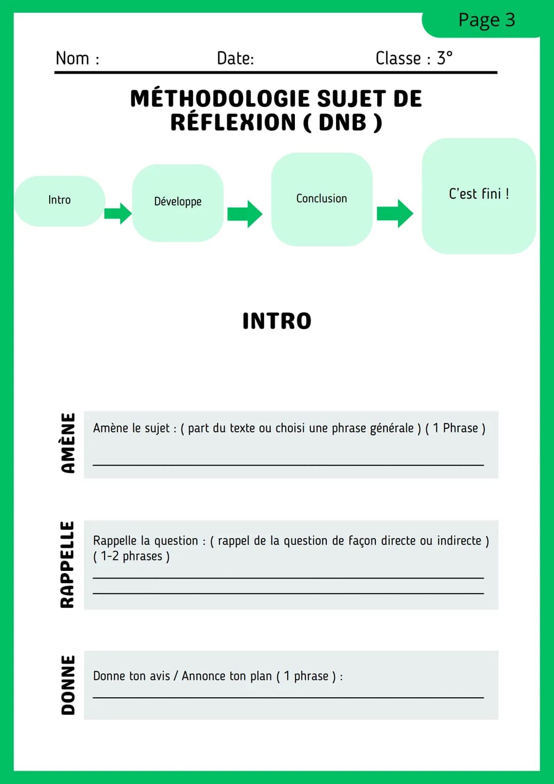 --- OCR Start ---
Nom
Date:
Page 1
Classe: 3°
MÉTHODOLOGIE SUJET DE
RÉFLEXION (DNB)
KIT DE PRÉPARATION AU SUJET DE RÉFLEXION
POUR LE DNB (BR