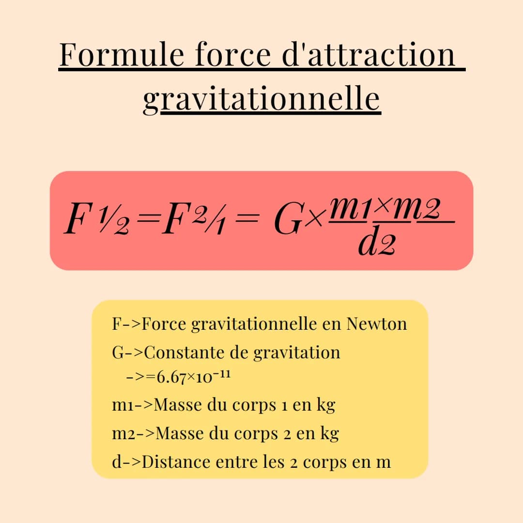 Formule force d'attraction
gravitationnelle
F¼=F²/= GxM1×m 2
d2
F->Force gravitationnelle en Newton
G->Constante de gravitation
->=6.67×10-1