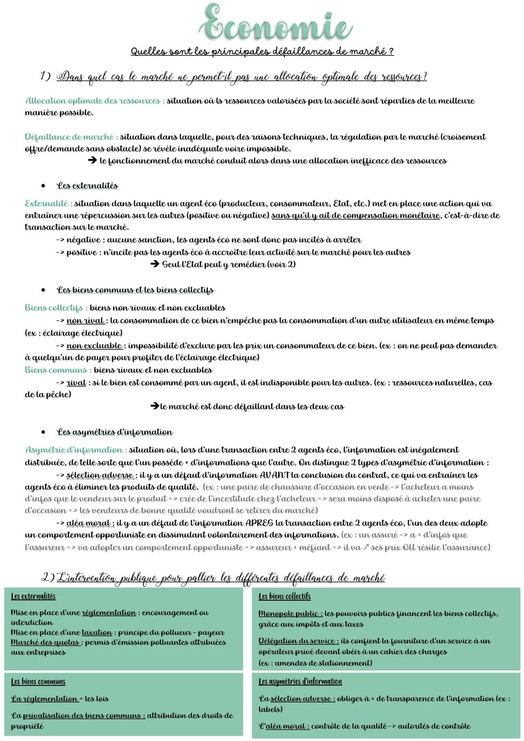 Economie
Quelles sont les principales défaillances de marché?
1) Dans quel cas le marché ne permet-il pas une allocation optimale des ressou