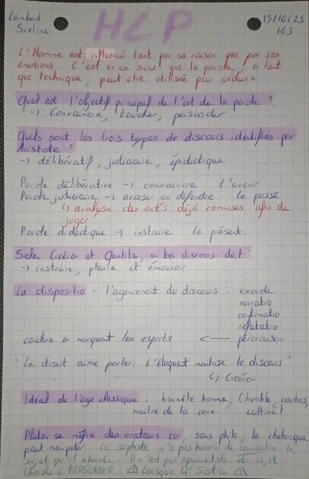 Lambert
Sixtine
• HLP
15/10/25
163
L'Homme est influencé tant por sa raison que por ses
émotions. C'est in ce sens que la parole en tant
que