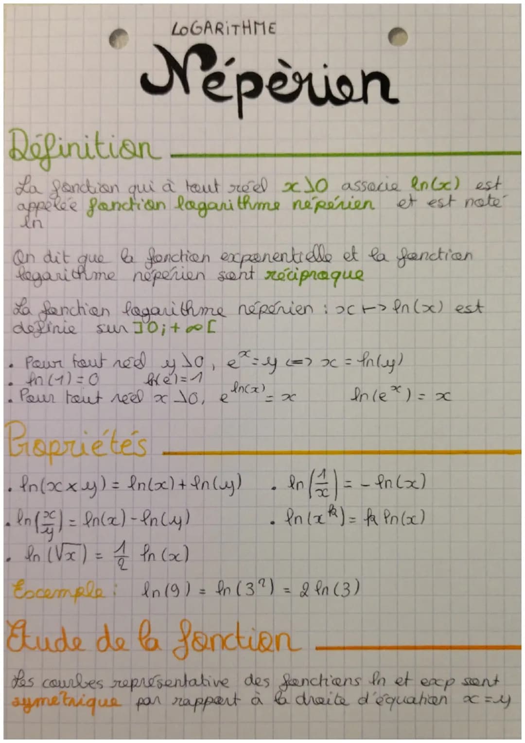 LOGARITHME
Népèrion
Définition
La fonction qui à tout réel x10 associe In (c) est
appelée fanction logarithme népérien et est note
in
On dit
