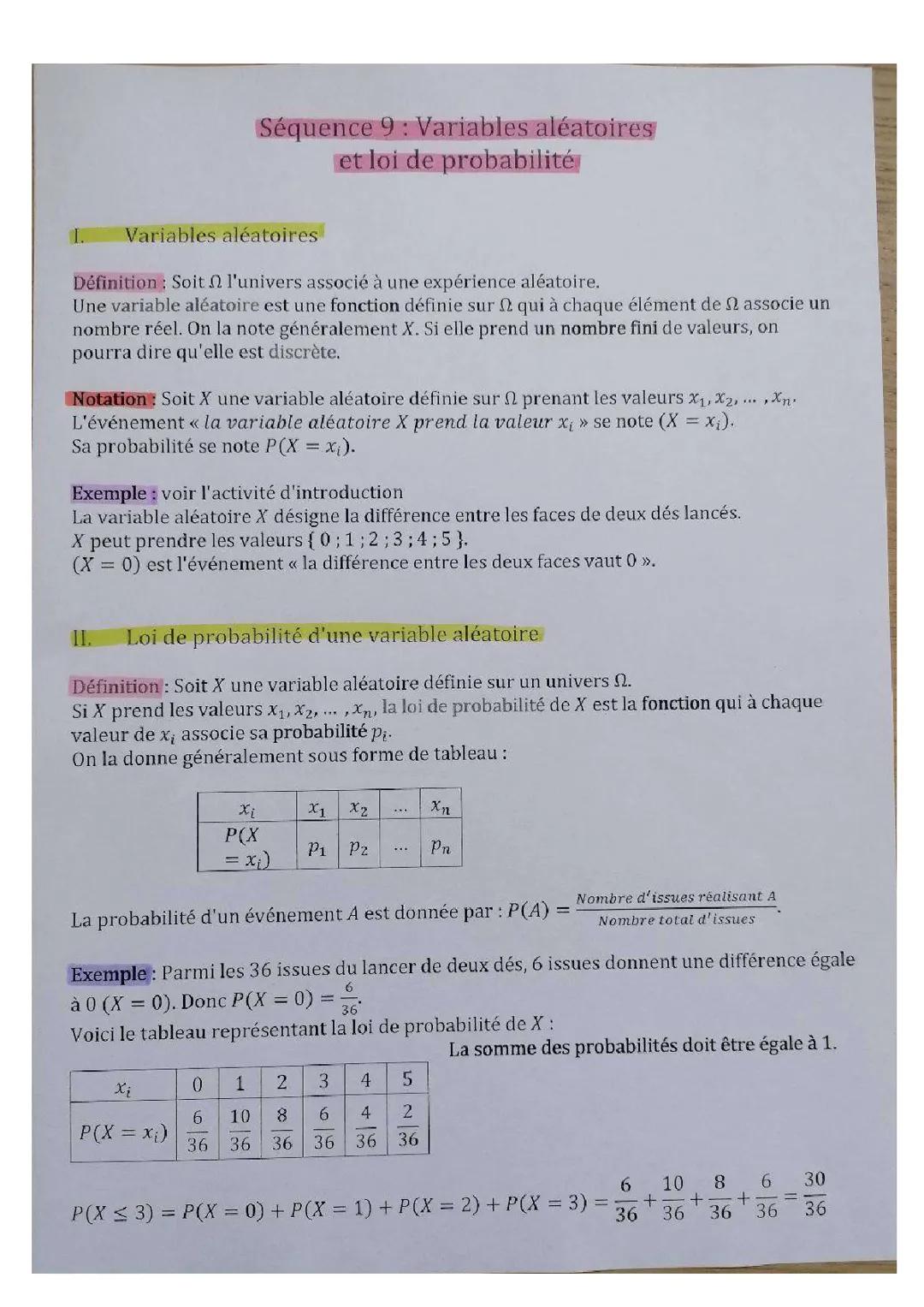 leçon sur les variables aléatoires et la loi de probabilité